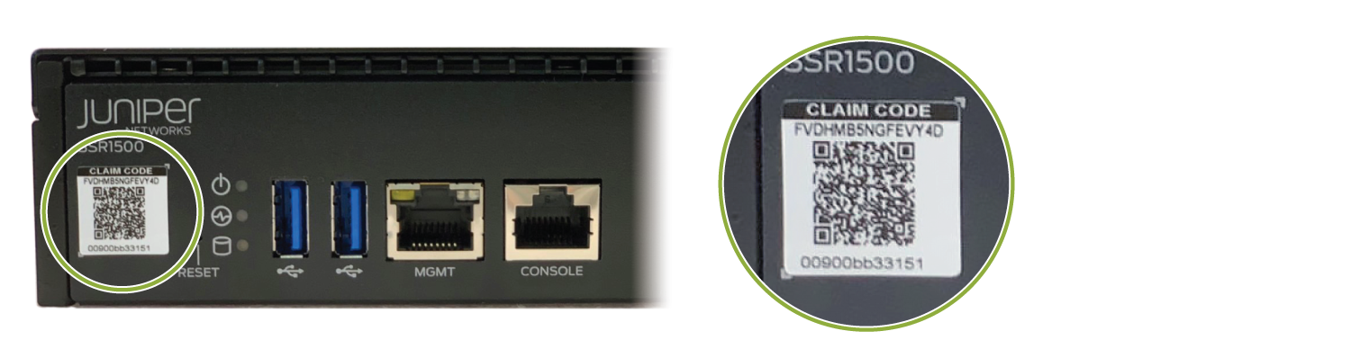 Juniper Networks SSR1500 device with USB, MGMT, and CONSOLE ports. QR code and Claim Code label for device registration.