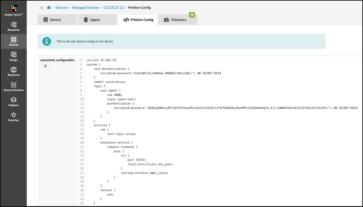 Juniper Apstra configuration interface showing Pristine Config for device at IP 172.20.37.12 with version 22.2R3.15, root and admin user settings, SSH and gRPC services.