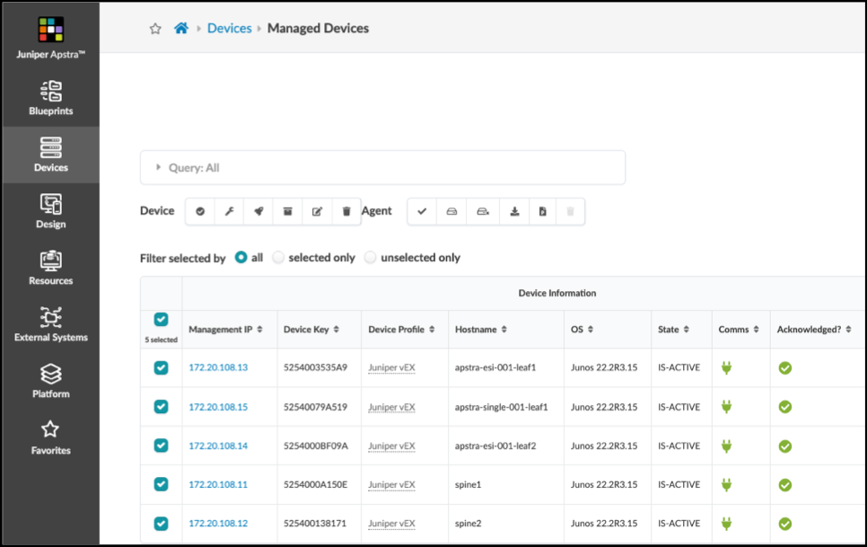 Network management interface from Juniper Apstra displaying managed devices with details like Management IP, Device Profile, and State. Sidebar includes options for Blueprints, Devices, and Resources.