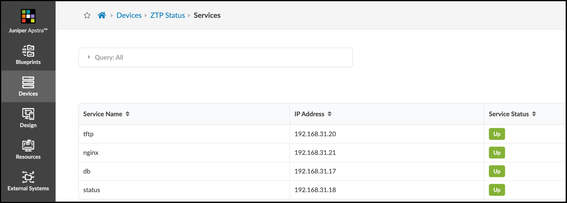 Juniper Apstra interface showing ZTP Status with services, IP addresses, and statuses. All statuses are Up.