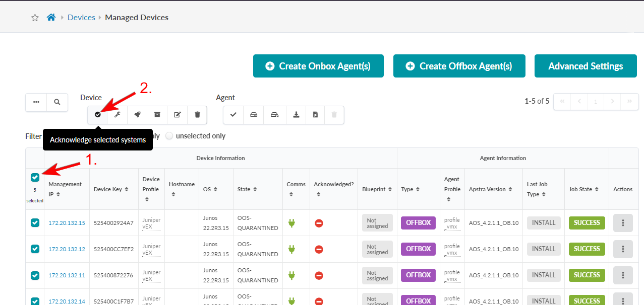 Web-based management interface showing a table of five selected network devices with details like IP address, state, and OS version. An action toolbar offers to acknowledge selected systems.