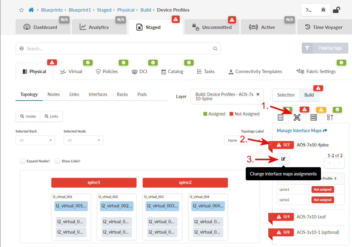 Network management interface showing device profiles in a physical topology. Spine nodes spine1 and spine2 are unassigned with red warnings.
