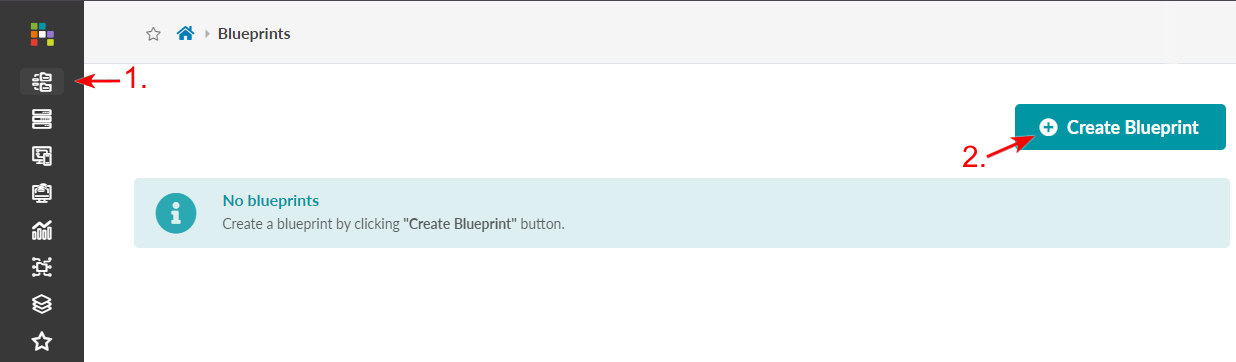 Software interface for Blueprints with highlighted Blueprints menu. Message: No blueprints. Create one with Create Blueprint button.