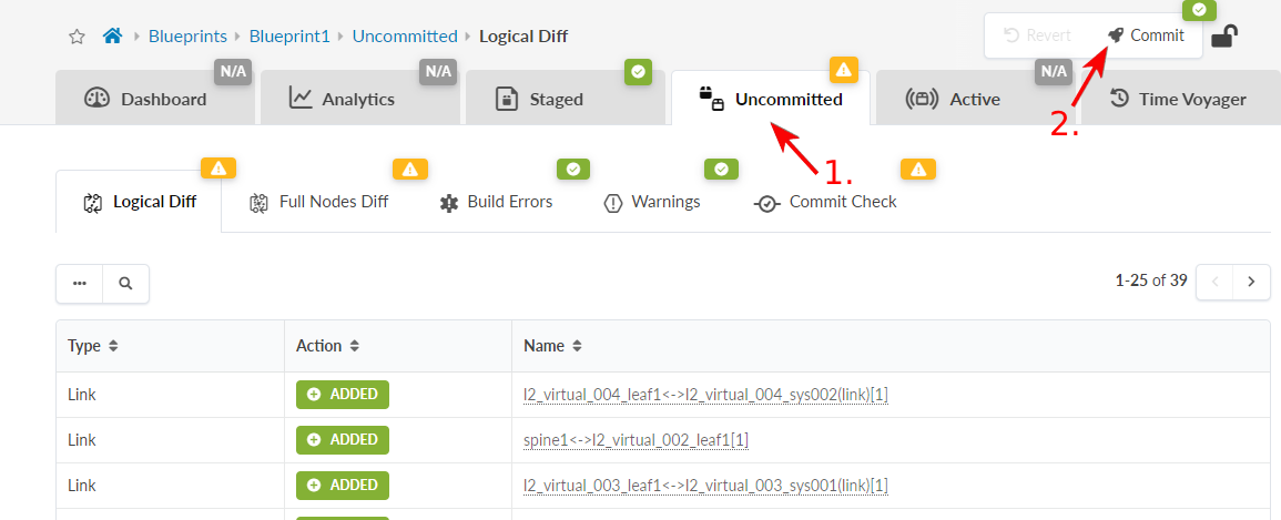Software interface showing uncommitted changes in network configuration. Logical Diff tab selected; warnings and added links visible. Commit button available.