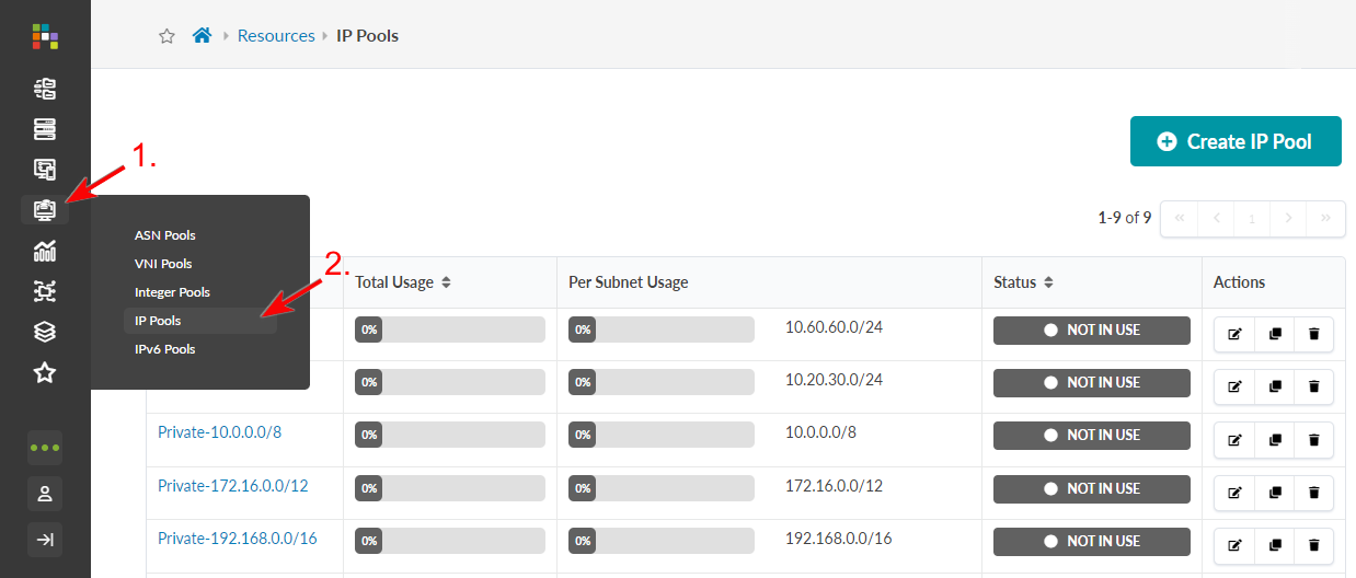 User interface for managing IP pools with sidebar navigation, IP pool details, and a button to create a new IP pool.