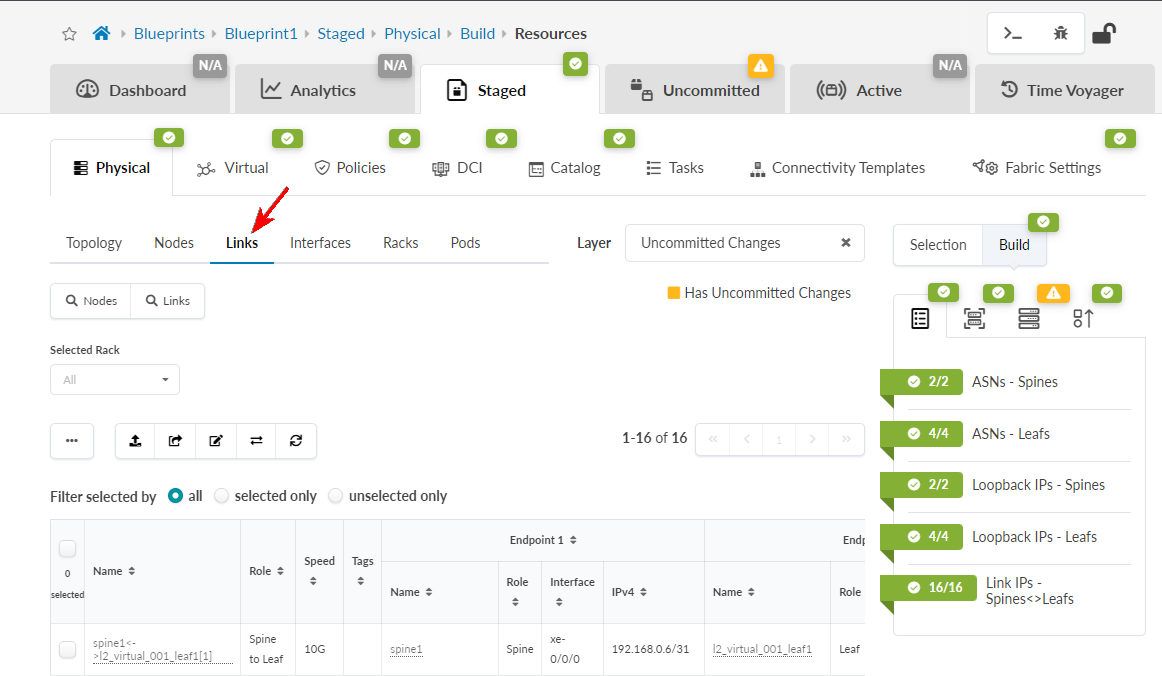 Network management tool interface showing the Links tab under Physical section with breadcrumb navigation Blueprint1 Staged Physical Build Resources. The layer is set to Uncommitted Changes. A table displays link details like name spine1<-l2_virtual_001_leaf1, role Spine Leaf, speed 10G, and endpoint details. Green checkmarks indicate successful validation for configurations, while a warning icon signals potential issues. Action buttons for exporting, editing, and refreshing configurations are visible.