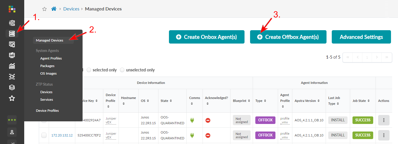 User interface screenshot of a device management platform, highlighting the Managed Devices section, dropdown menu, action buttons for creating agents, and a table with device details like state, type, and job status.