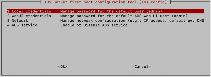 AOS Server first boot configuration tool interface with options for managing local and WebUI credentials, network settings, and AOS service.