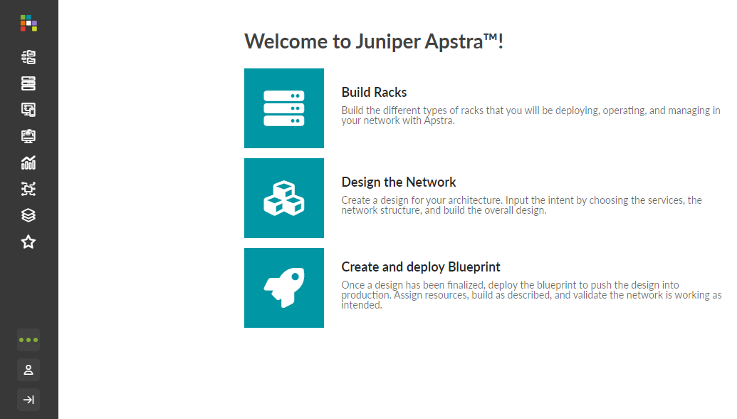 Welcome page of Juniper Apstra with options to Build Racks, Design the Network, and Create and Deploy Blueprint.