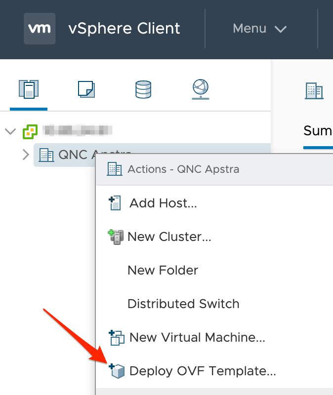 VMware vSphere Client Actions menu for QNC Apstra, highlighting Deploy OVF Template option to deploy a virtual machine.