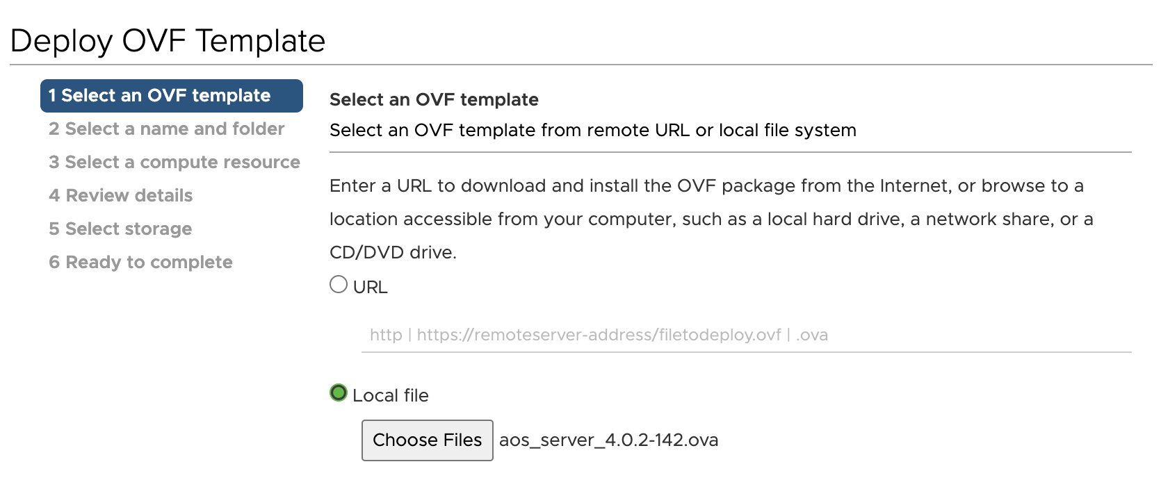 Deploy OVF Template interface with step 1 selected: Select an OVF template. Local file option is chosen with aos_server_4.0.2-142.ova selected.