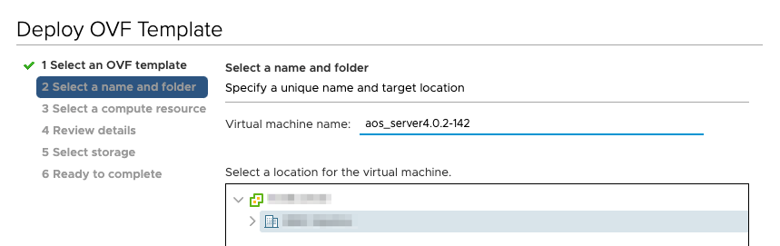 Select a name and folder step in OVF deployment; virtual machine named aos_server4.0.2-142 being placed in a folder.