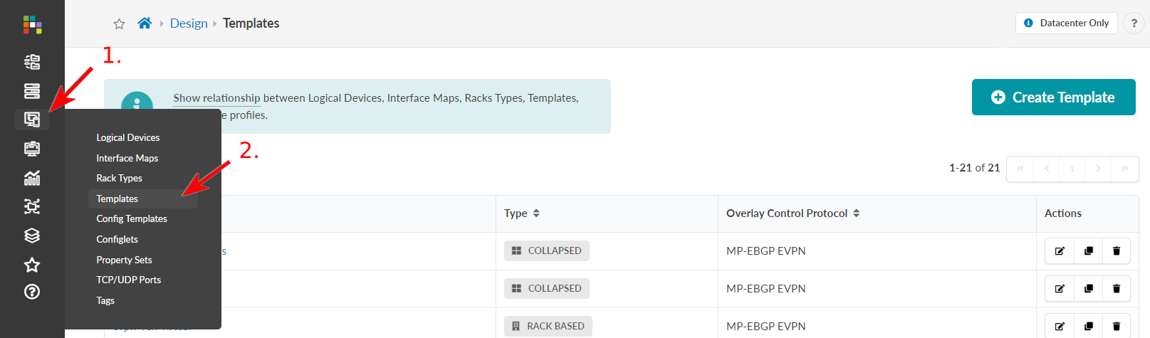 Web app interface showing Templates section of a network design tool with sidebar, breadcrumb navigation, template list table, and Create Template button.