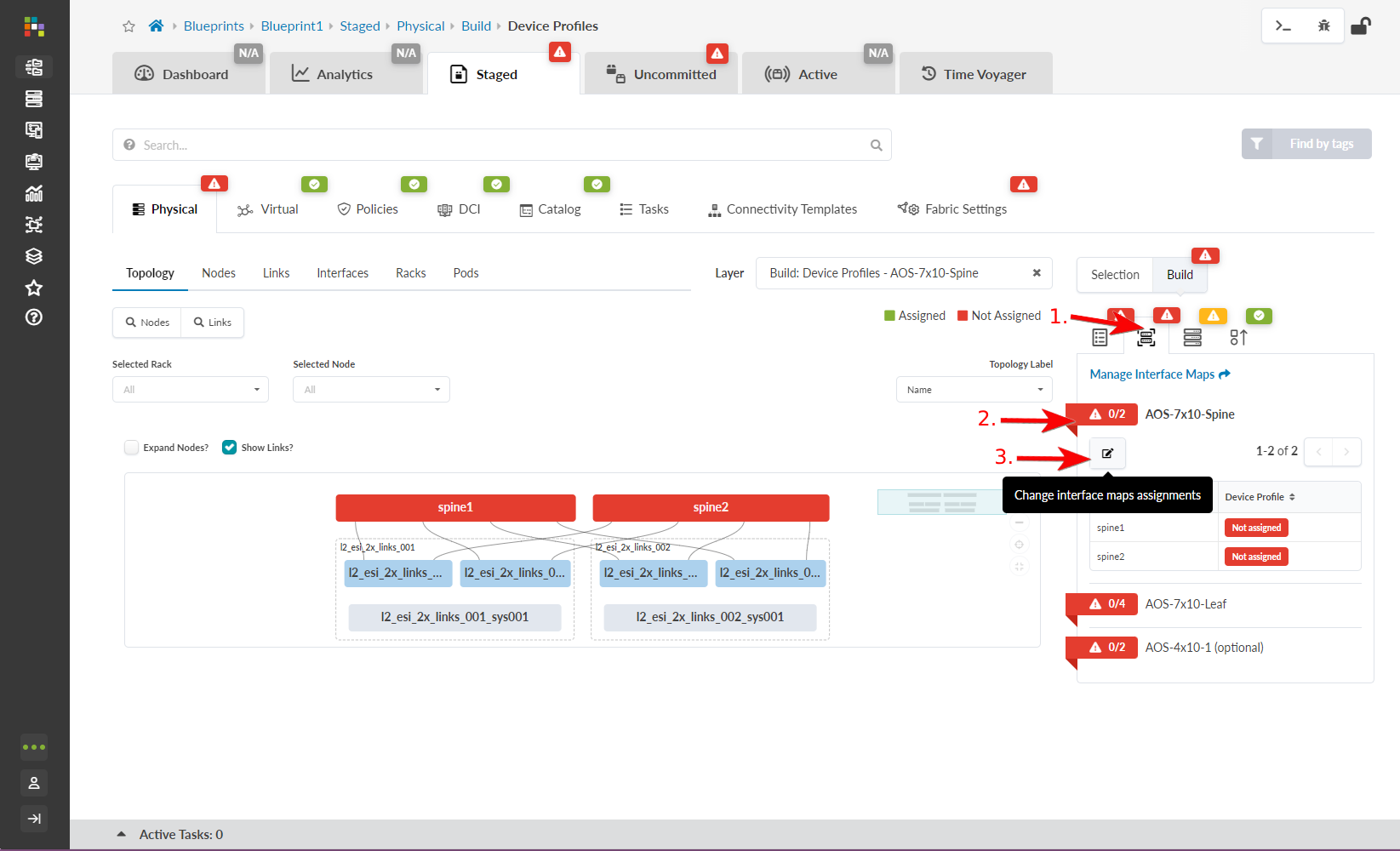 Network management interface showing topology with nodes spine1 and spine2, and links between them. Includes options for managing network components, policies, and device profiles.