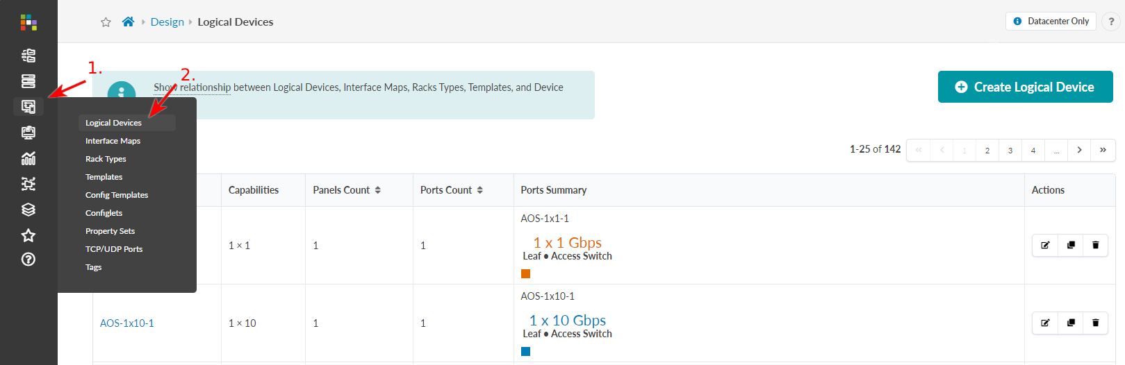 User interface screenshot from a network design tool showing the "Design" section. The sidebar highlights a dropdown menu with options like Logical Devices and Templates. The main content lists Logical Devices, detailing capabilities, panels, ports, and actions. A button to create a new logical device is visible. An informational banner links Logical Devices with Interface Maps and Racks Types.