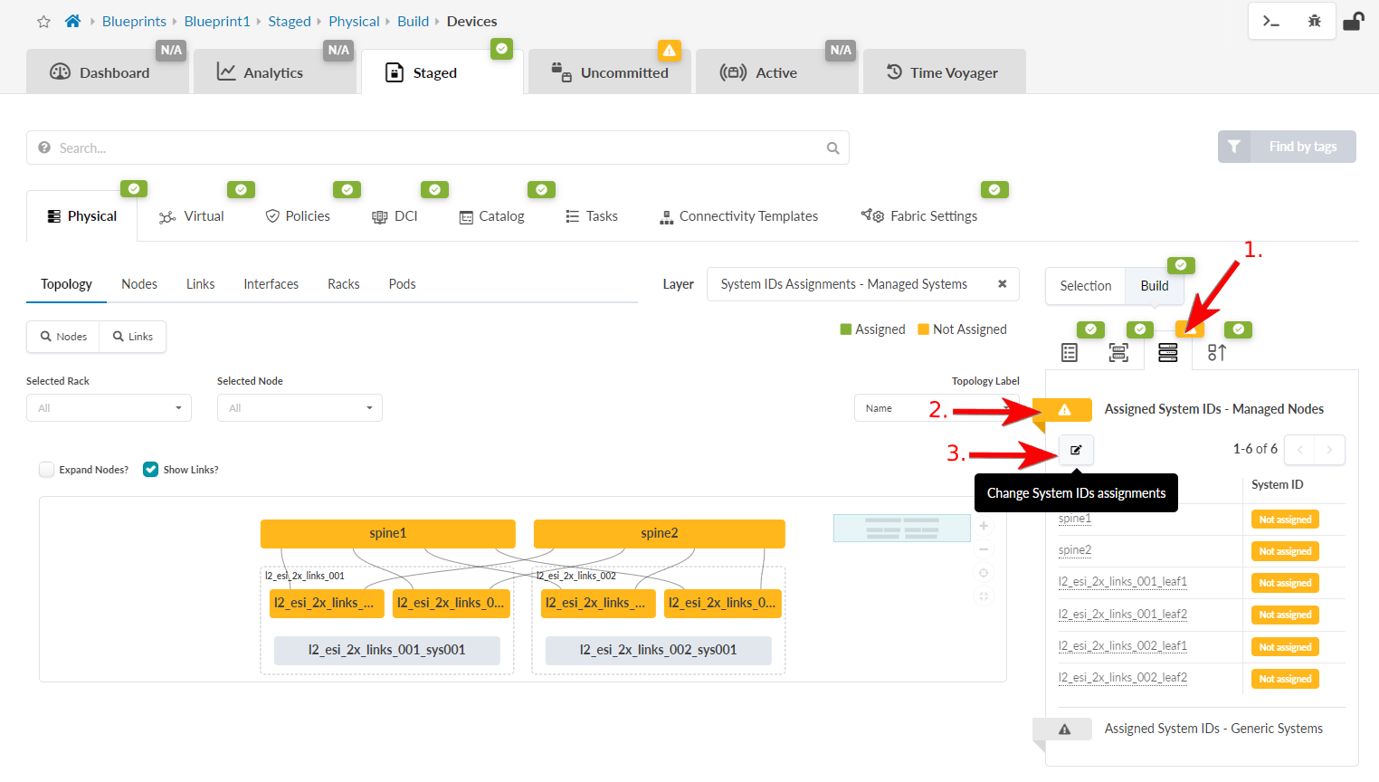 Network management interface showing physical network topology with nodes spine1 and spine2. System IDs are listed on the right, with some unassigned. Arrows highlight system ID configuration actions.