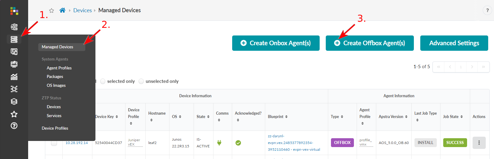 Screenshot of a network management interface showing a sidebar with sections like Managed Devices and a table with device info such as Device Key, Hostname, and OS version.