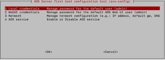 AOS Server configuration tool interface with options for local and WebUI credentials, network settings, and AOS service toggle.