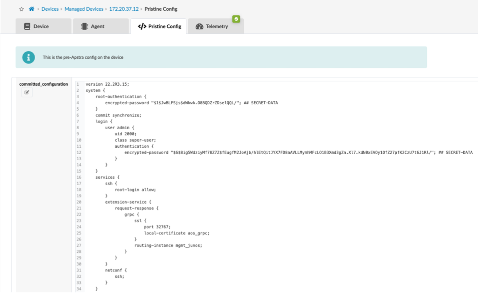 Pristine Config section of network device interface by Apstra showing system settings with encrypted passwords and SSH, gRPC, and Netconf service details.