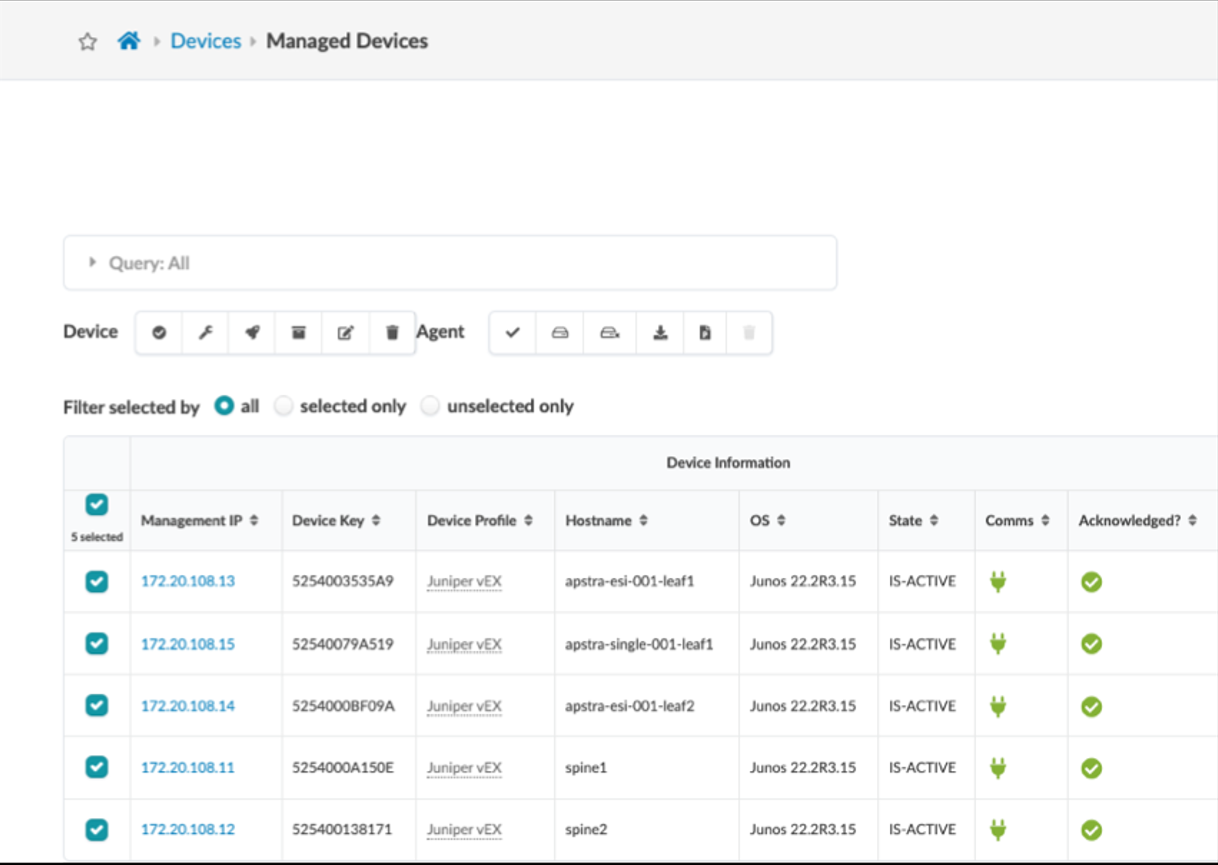 User interface for managing network devices, titled Managed Devices. Features breadcrumb navigation, search and filter options, action buttons, and a device table with columns for Management IP, Device Key, Device Profile, Hostname, OS, State, Comms, and Acknowledged status. Checkboxes allow device selection.