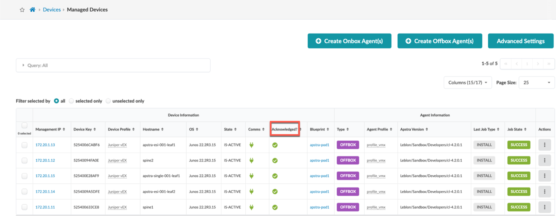 Managed Devices interface showing a table with device IPs, keys, profiles, hostnames, OS versions, states, comms status, and acknowledgments. Filter options and buttons for managing agents are visible.