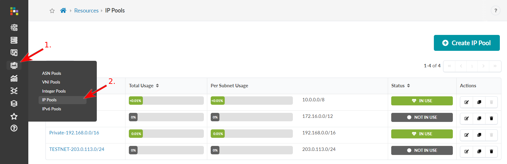 Screenshot of a web interface for managing IP pools, highlighting a sidebar with expanded Resources submenu and an IP Pools section with usage details and actions.