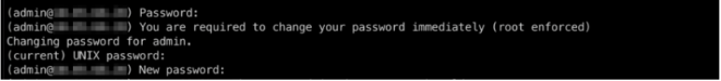 User logged in as admin required to change password immediately. Prompted for current UNIX password and new password entry.