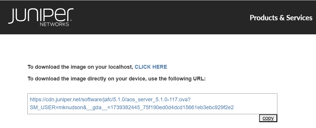 Juniper Networks software download page with options for localhost and direct download of aos_server_5.1.0-117.ova file.