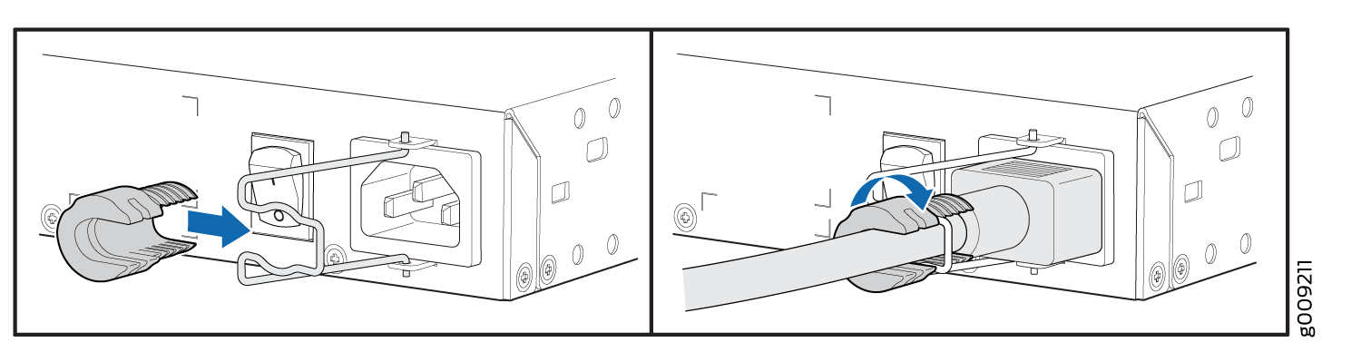 Align the cable connector with the device port and secure it by twisting or locking as shown by the blue arrows.