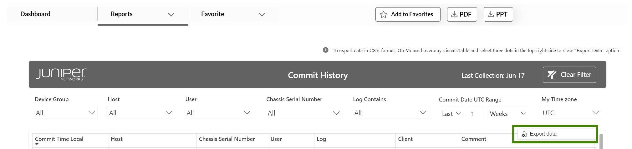 Commit History interface from Juniper Networks with navigation tabs, export options, filters, data table, export button, last collection date as Jun 17, and UTC time zone selection.