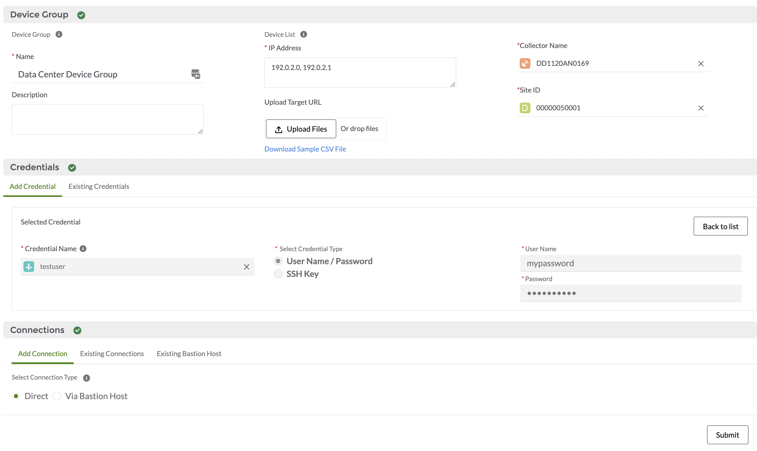 Web interface for configuring network devices with sections for Device Group, Credentials, and Connections. Includes IP input, credential management, and connection options.