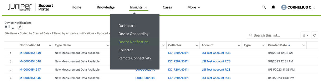 Juniper Networks Support Portal interface showing Device Notifications under Insights menu. Dropdown expanded with options like Dashboard and Device Onboarding. Table lists notifications for New Measurement Data Available with columns for Notification ID, Type Name, Collector, Account, Type, and Created Date. Search bar and settings icon present for filtering or customizing view.