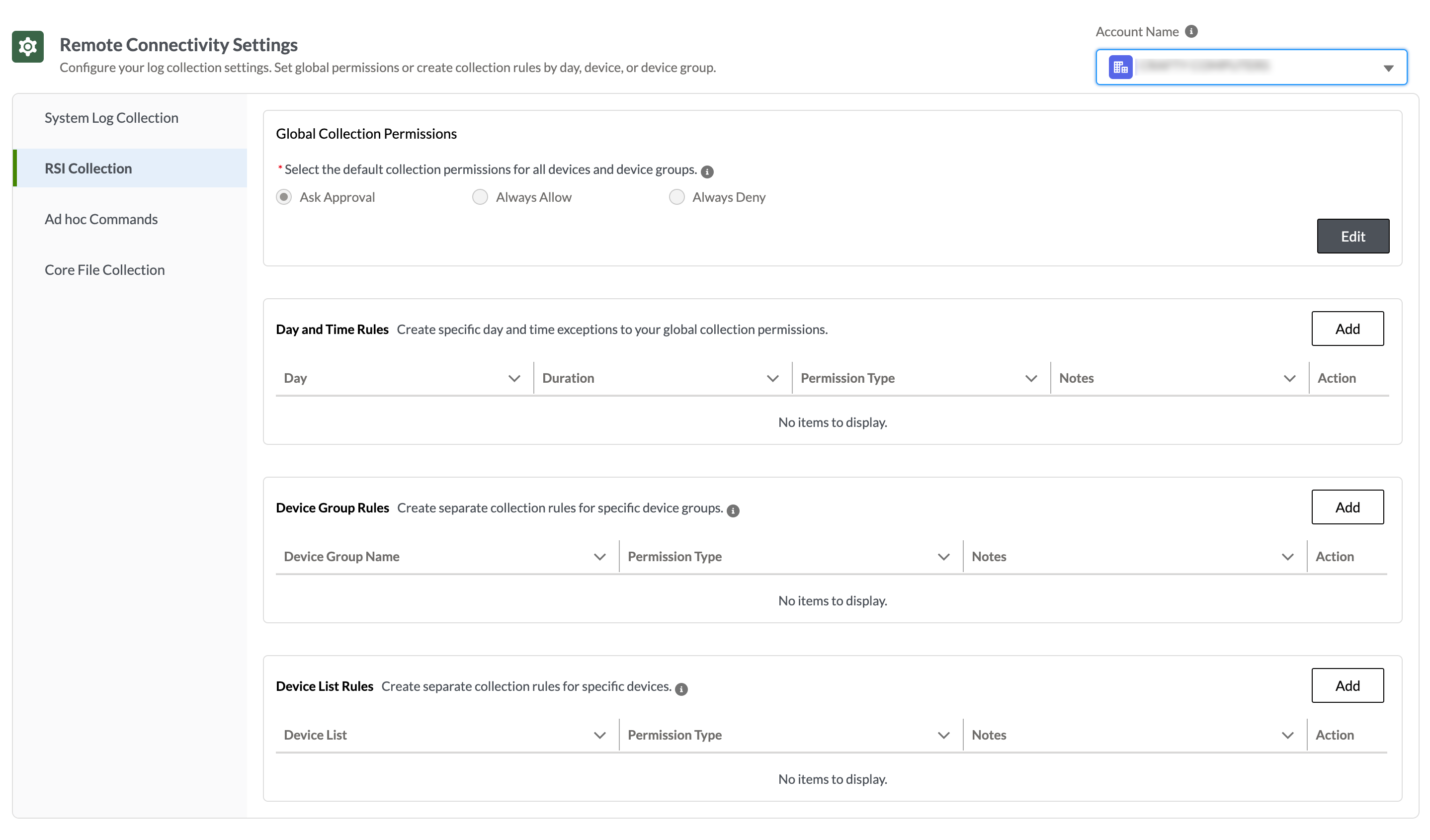 User interface for configuring Remote Connectivity Settings with sidebar navigation, global collection permissions, and options for day, device group, and device list rules.
