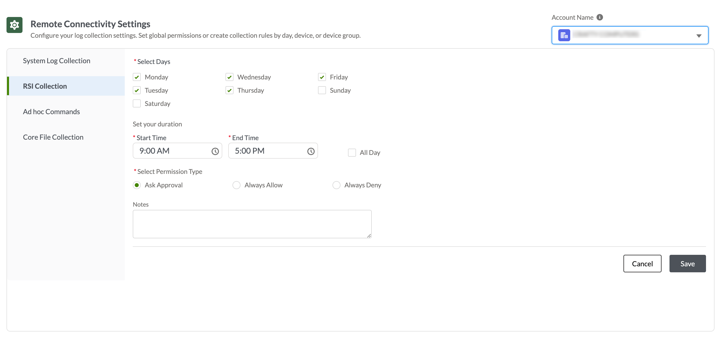 Remote Connectivity Settings interface for RSI log collection. Days: Monday to Friday. Time: 9:00 AM to 5:00 PM. Permission: Ask Approval. Options to save or cancel.