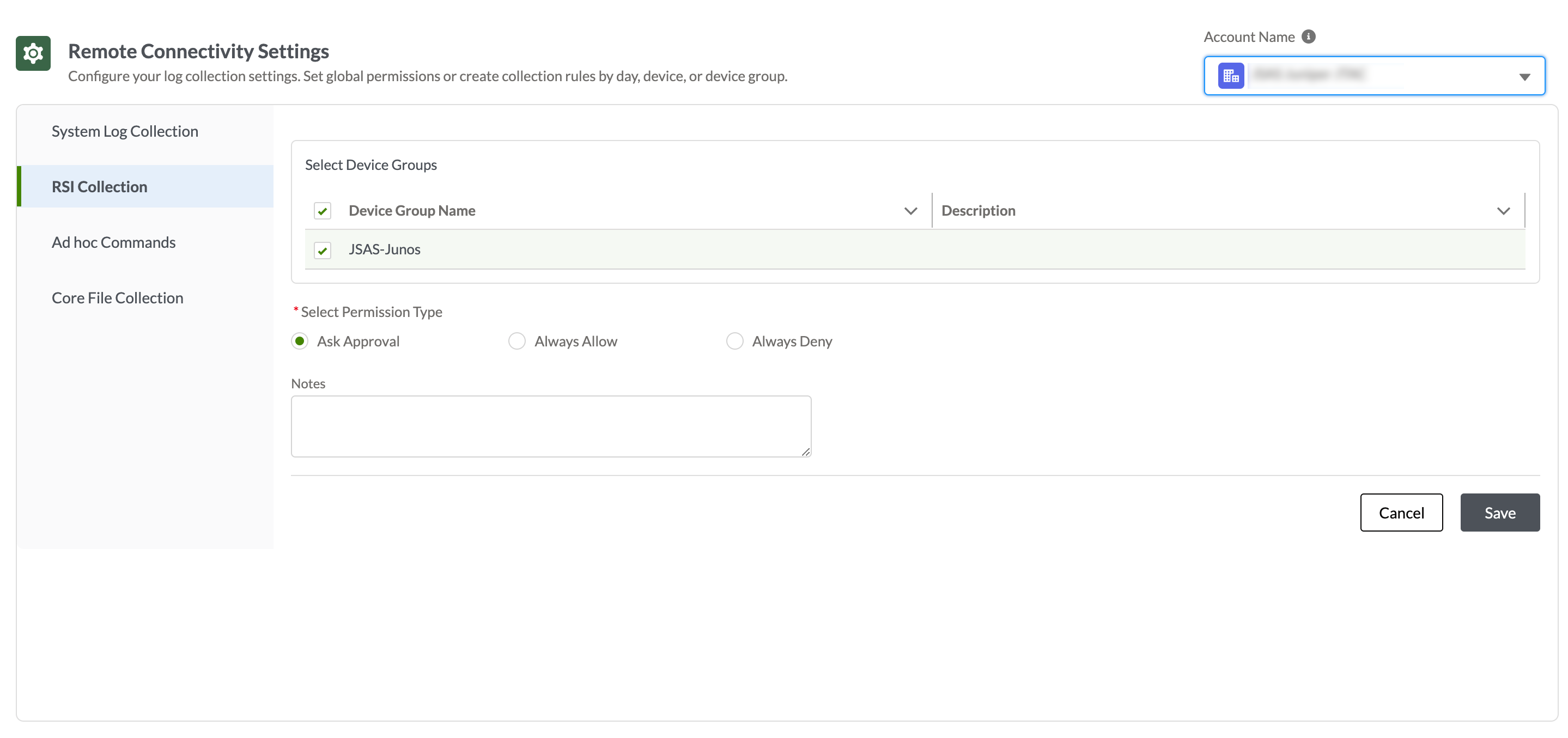 Remote Connectivity Settings interface for configuring log collection and permissions for remote devices. RSI Collection tab selected with JSAS-Junos device group. Options for permission type: Ask Approval, Always Allow, Always Deny. Save and Cancel buttons present.