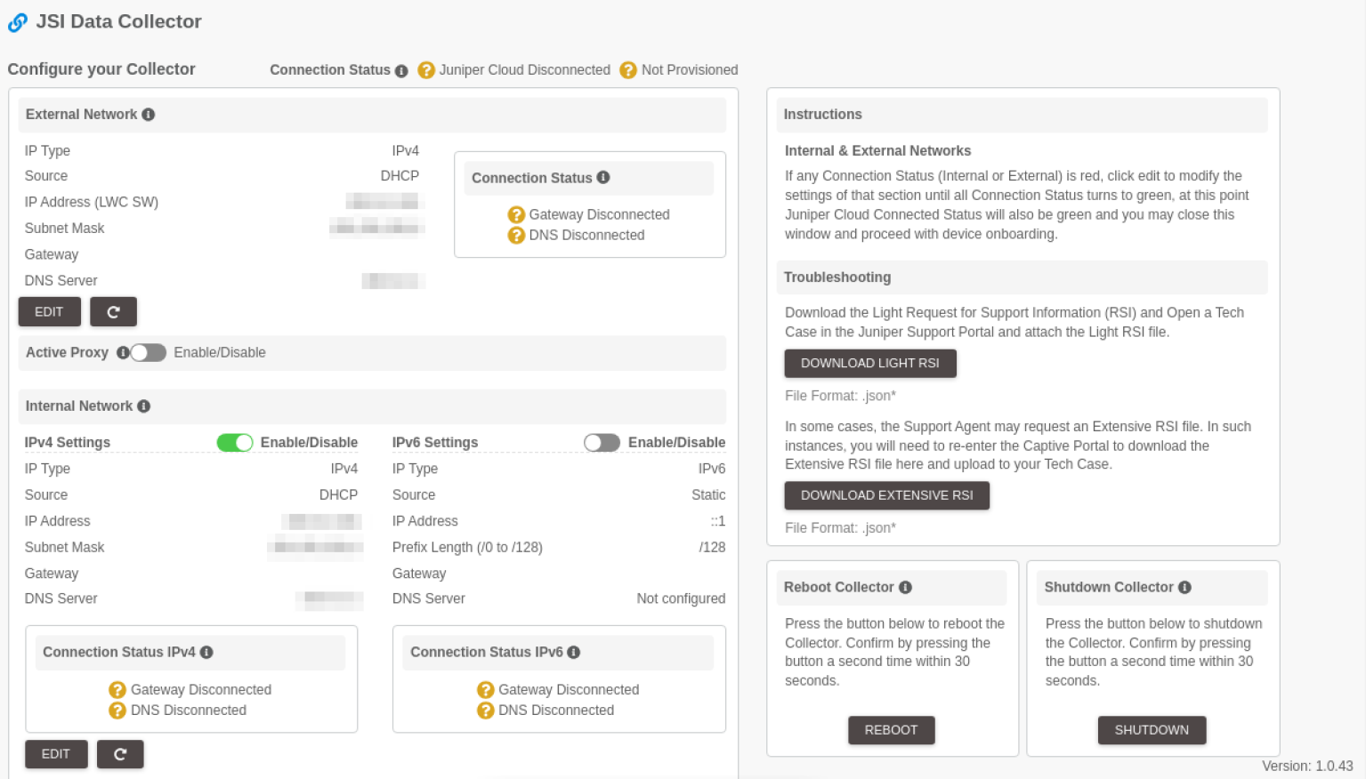 JSI Data Collector configuration page showing network settings for IPv4 and IPv6, connection statuses, options to edit settings, enable proxies, download support files, reboot, or shut down. Version 1.0.43 displayed.