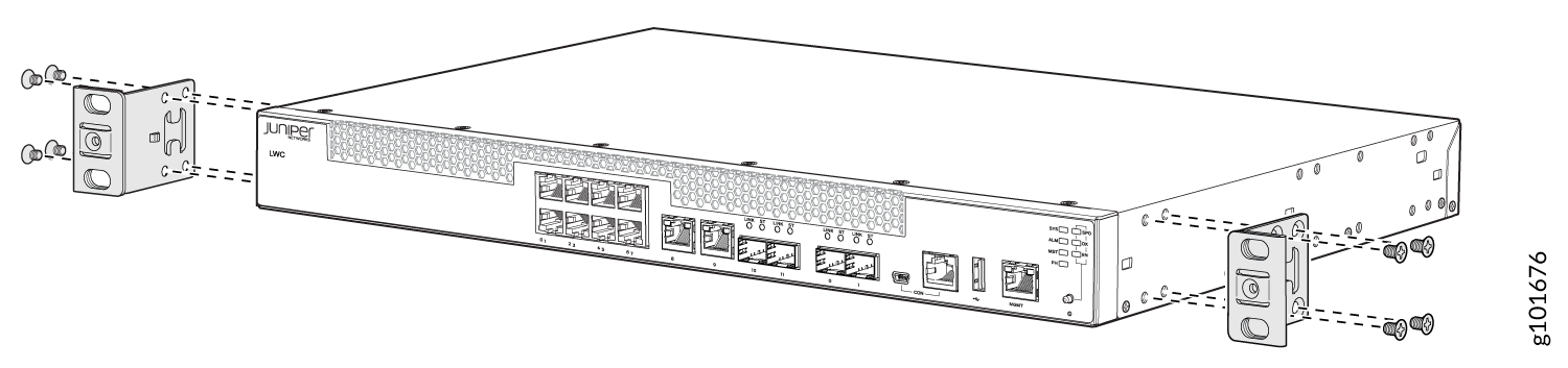 Juniper Networks device with Ethernet and fiber ports being prepared for rack mounting with brackets and screws.