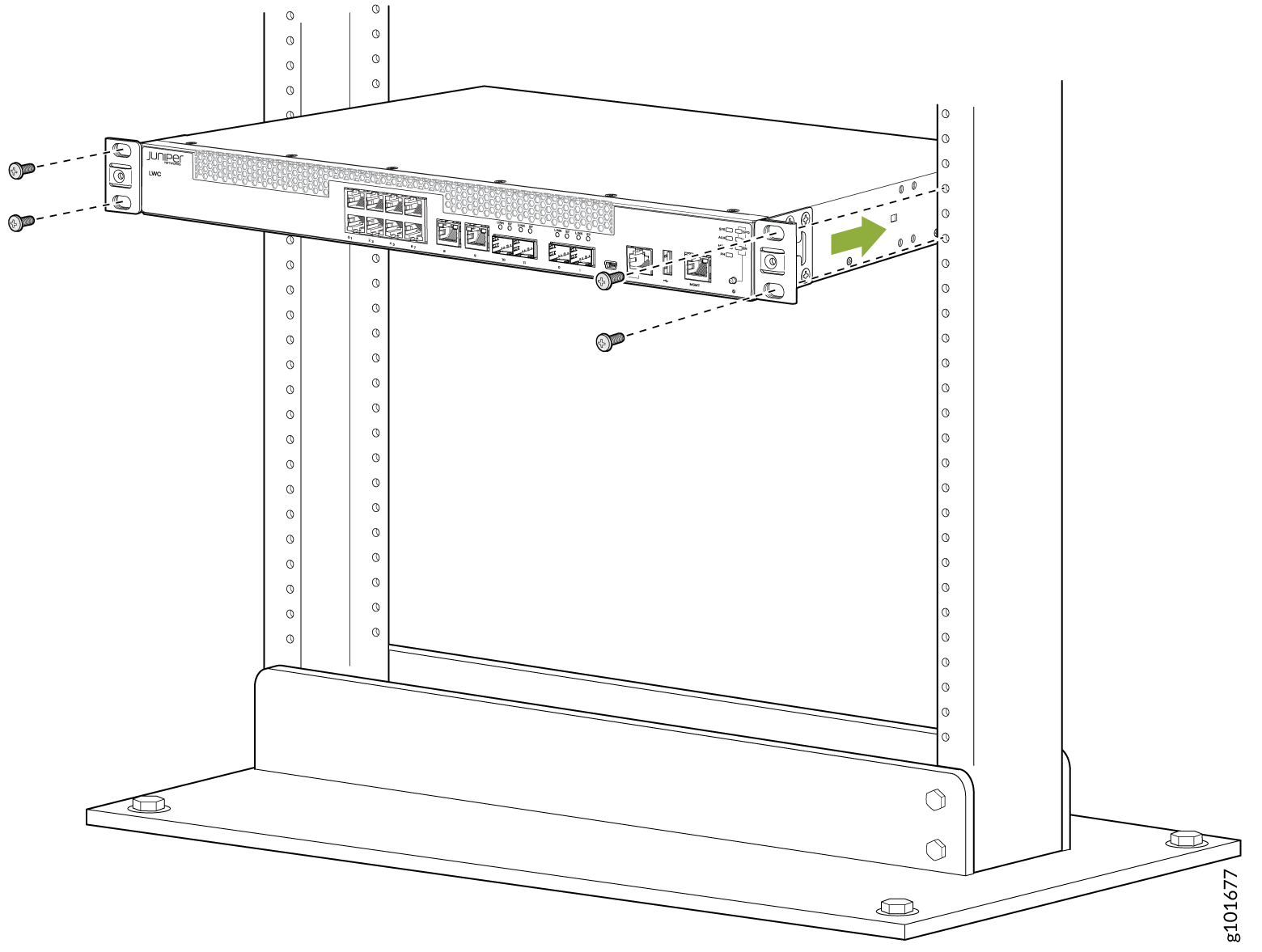 Juniper Networks device being mounted on a rack with screws, showing front panel ports and indicators.