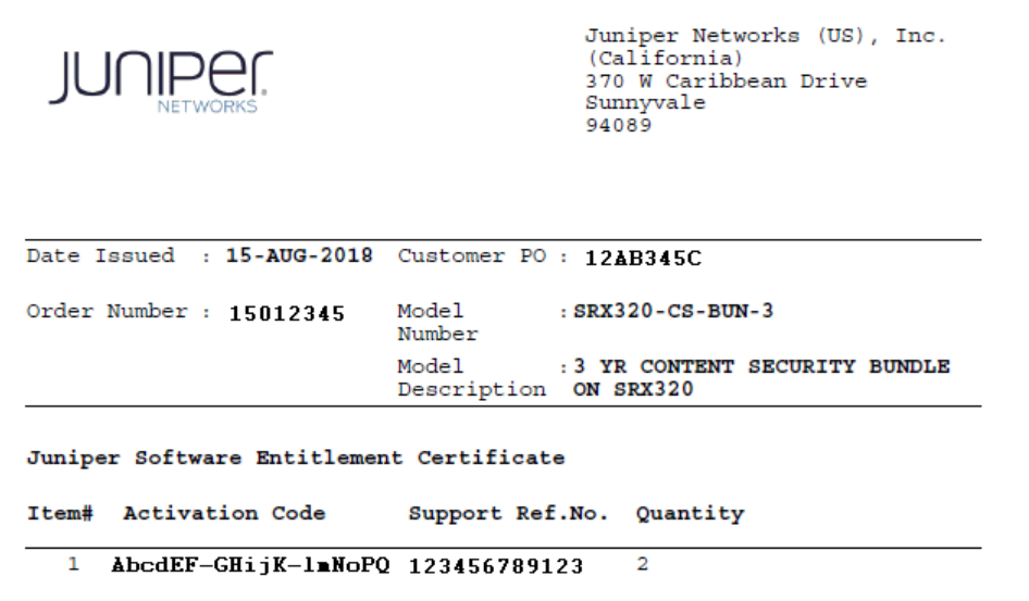 Juniper Networks Software Entitlement Certificate for SRX320-CS-BUN-3 issued on 15-AUG-2018 with order number 15012345 and activation code.