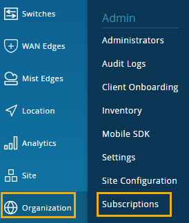 User interface navigation menu with highlighted options Organization and Subscriptions.