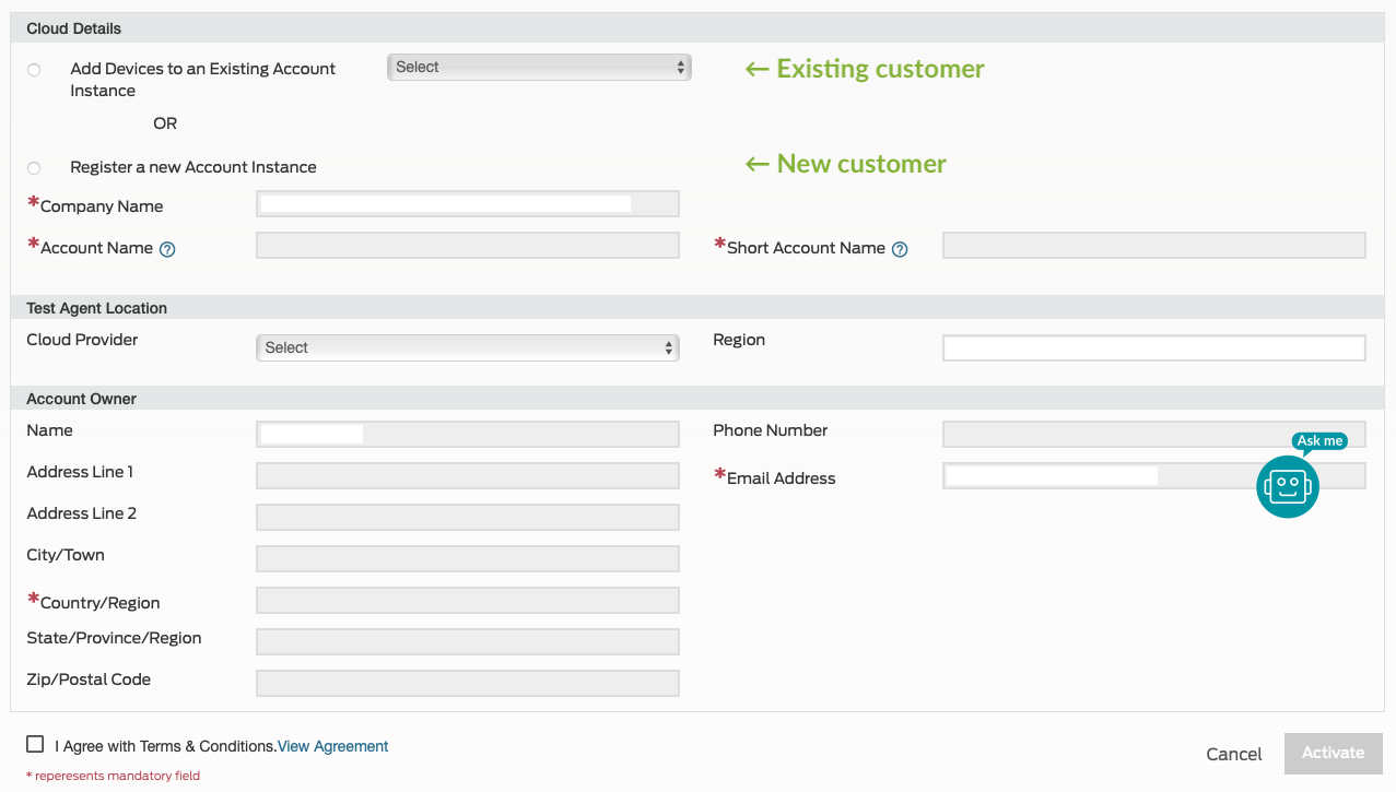 Form interface for cloud account setup or management with sections for cloud details, test agent location, account owner info, terms agreement checkbox, and action buttons.