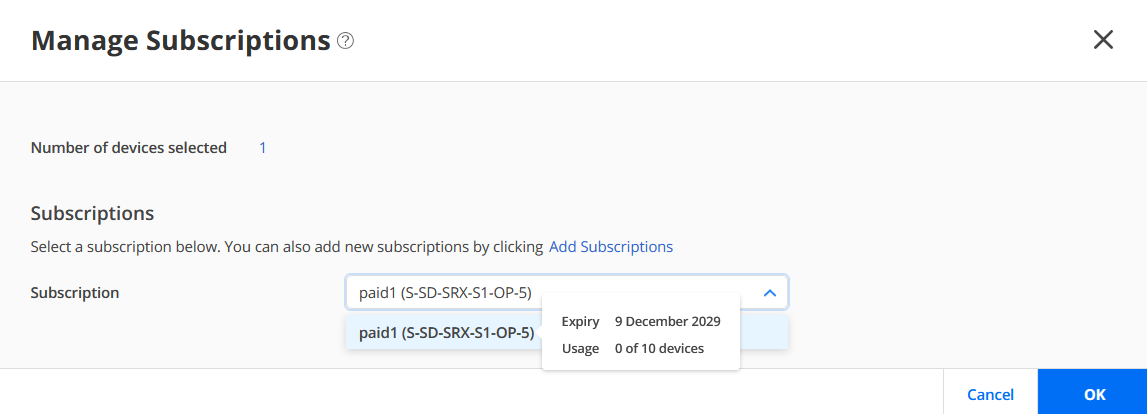 Manage Subscriptions interface showing device subscription options. One device selected with subscription paid1 S-SD-SRX-S1-OP-5 expiring 9 December 2029. Usage 0 of 10 devices. Options to add subscriptions and buttons to cancel or confirm with OK.
