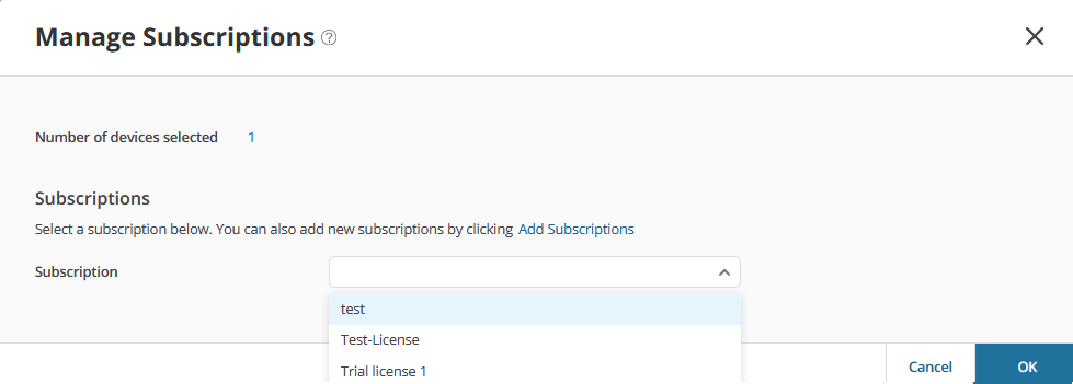 Manage Subscriptions interface showing device subscription options. One device selected with subscription paid1 S-SD-SRX-S1-OP-5 expiring 9 December 2029. Usage 0 of 10 devices. Options to add subscriptions and buttons to cancel or confirm with OK.
