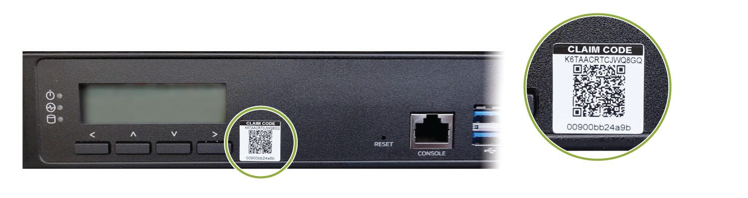Front panel of a network device with LCD screen, claim code K6TAACRTCJWQ8GQ, console and USB ports, and RESET button.