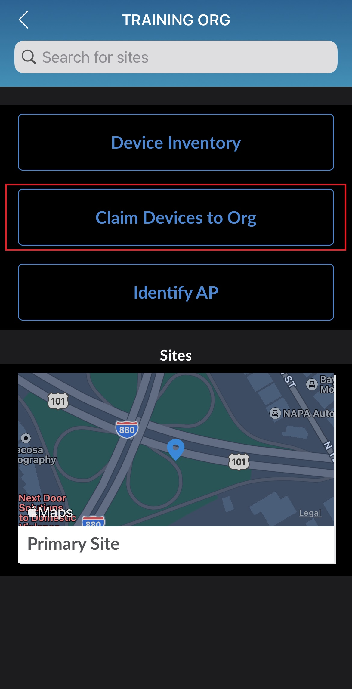 Mobile app interface for TRAINING ORG showing search bar for sites, buttons for managing devices, and map with Primary Site pin.