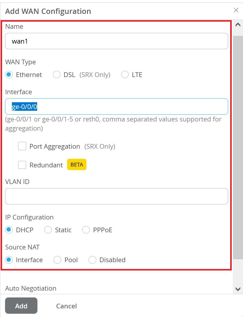 Configuration window for adding a WAN connection with fields for name, type, interface, VLAN ID, IP config, NAT, and buttons for Add and Cancel.