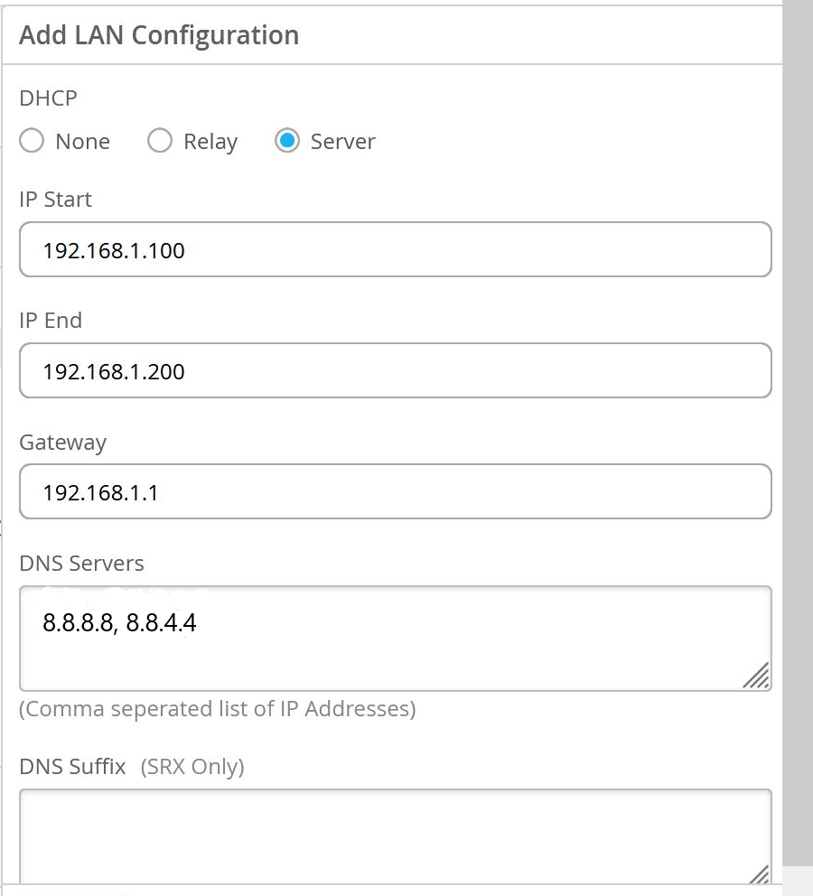 DHCP configuration interface with Server option selected. IP range: 192.168.1.100 to 192.168.1.200. Gateway: 192.168.1.1. DNS: 8.8.8.8, 8.8.4.4.
