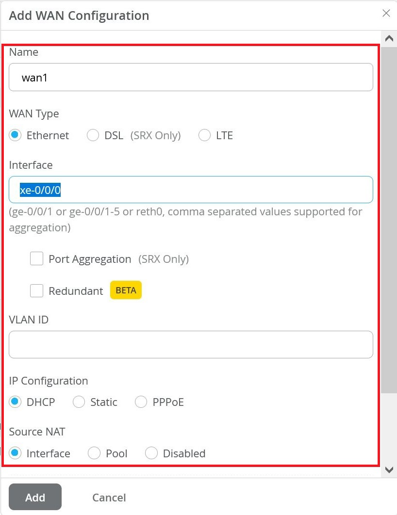 Configuration interface for adding a WAN connection in a network management tool. Fields include Name, WAN Type, Interface, Port Aggregation, Redundant, VLAN ID, IP Configuration, and Source NAT. Save or cancel changes.