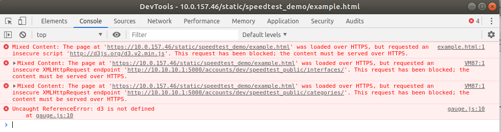 Console tab displaying mixed content errors with blocked HTTP resources and a JavaScript error: d3 is not defined in a speedtest demo.