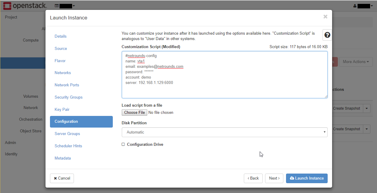 OpenStack dashboard showing Launch Instance wizard on Configuration step with options to customize instance, input a script, and navigation buttons.